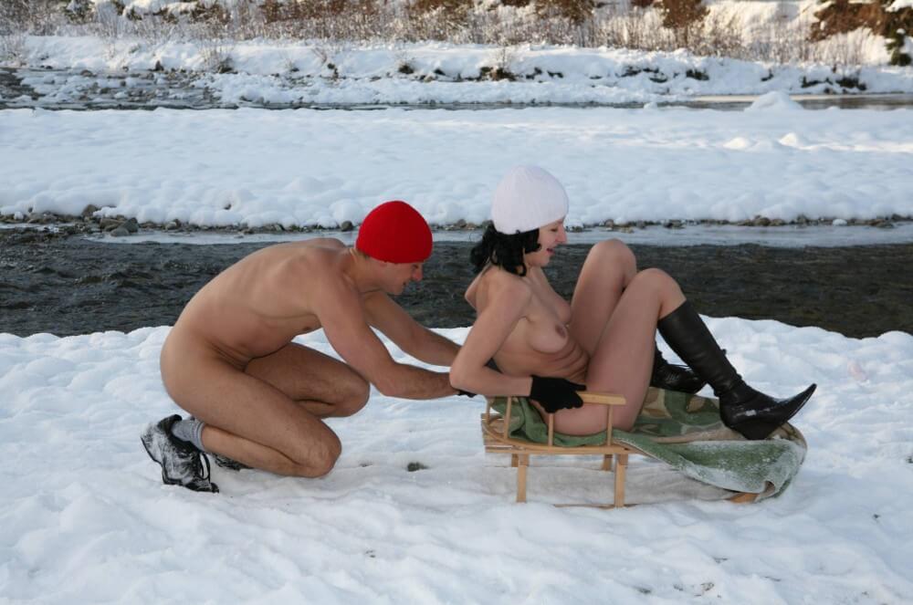 Naturist Girl Snow Day Couples Sled pics - Naturism as a Way of Life